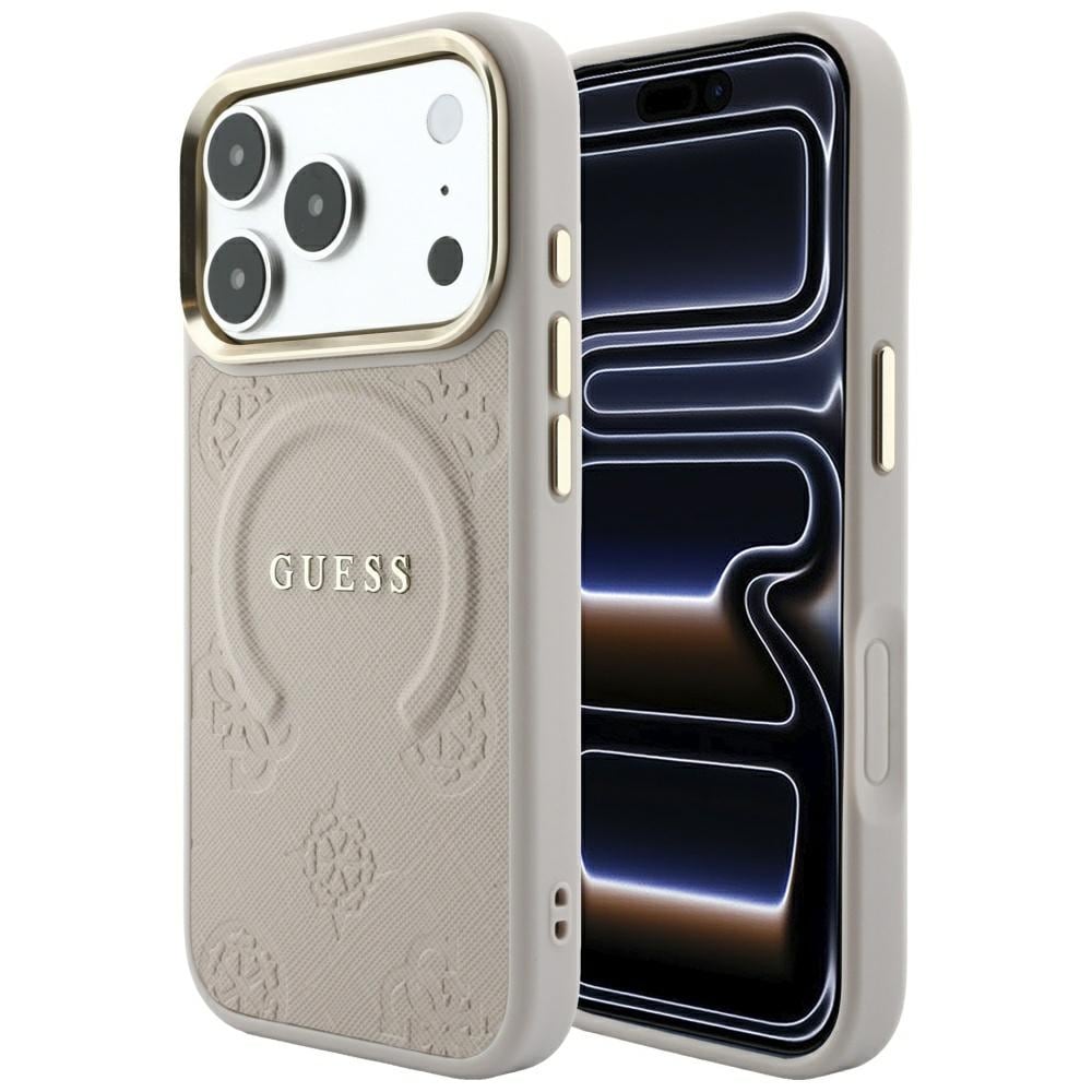 Guess Saffiano Peony & Ring MagSafe-fodral för iPhone 17 Pro Max / 18 Pro Max – Rosa