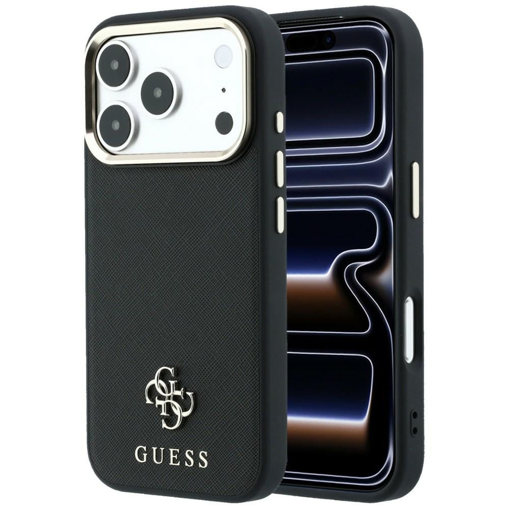 Guess Saffiano Small 4G & Classic Logo MagSafe-fodral för iPhone 17 Pro Max / 18 Pro Max – Svart