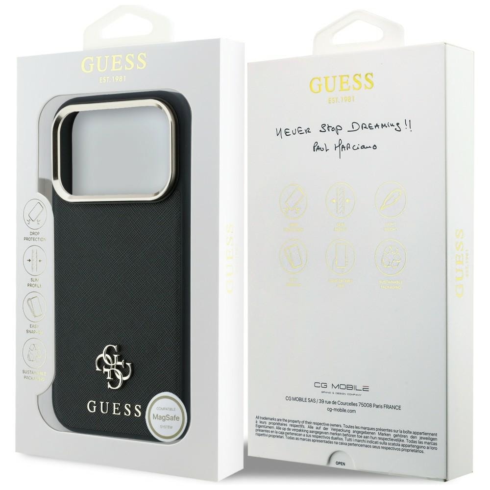 Guess Saffiano Small 4G & Classic Logo MagSafe-fodral för iPhone 17 Pro Max / 18 Pro Max – Svart