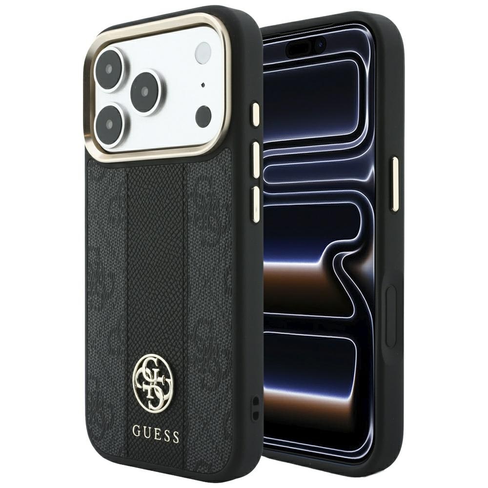 Guess 4G med Stripe-logotyper (runda & Classic) – MagSafe-fodral iPhone 17 Pro/18 Pro – Svart