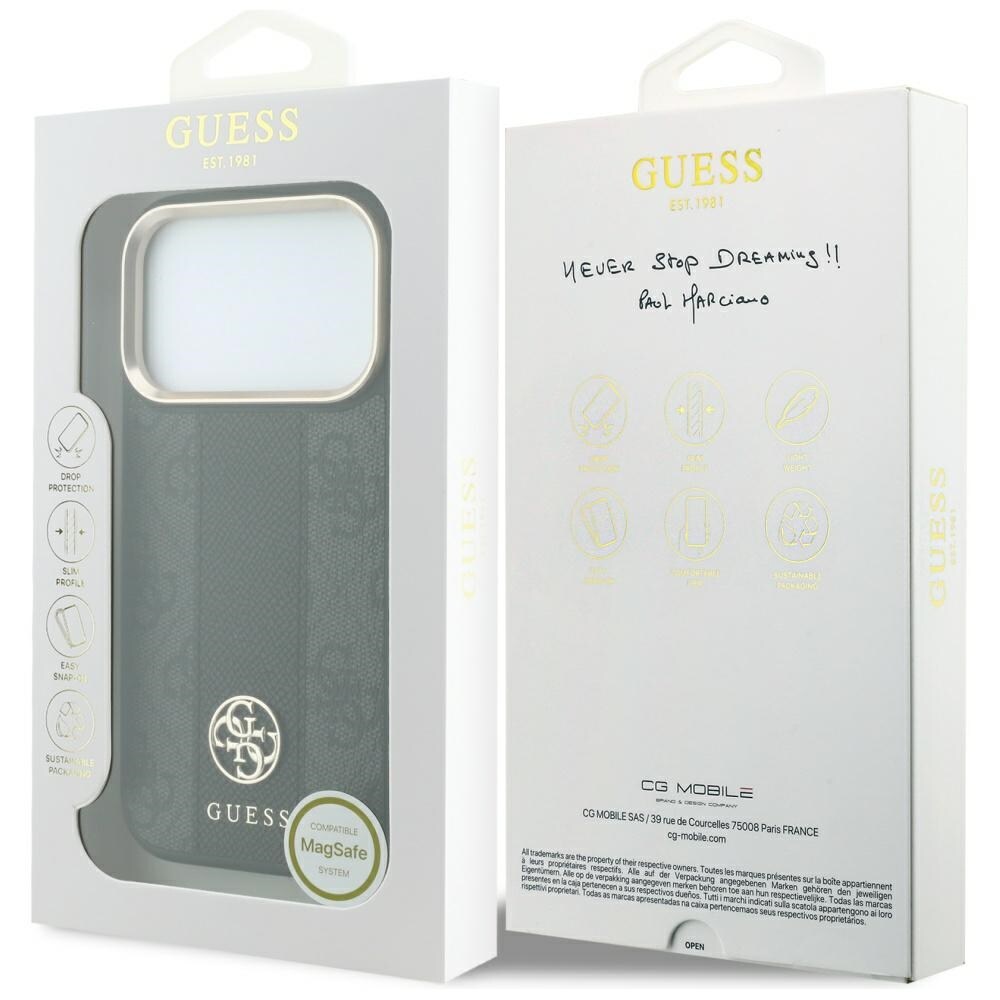 Guess 4G med Stripe-logotyper (runda & Classic) – MagSafe-fodral iPhone 17 Pro/18 Pro – Svart
