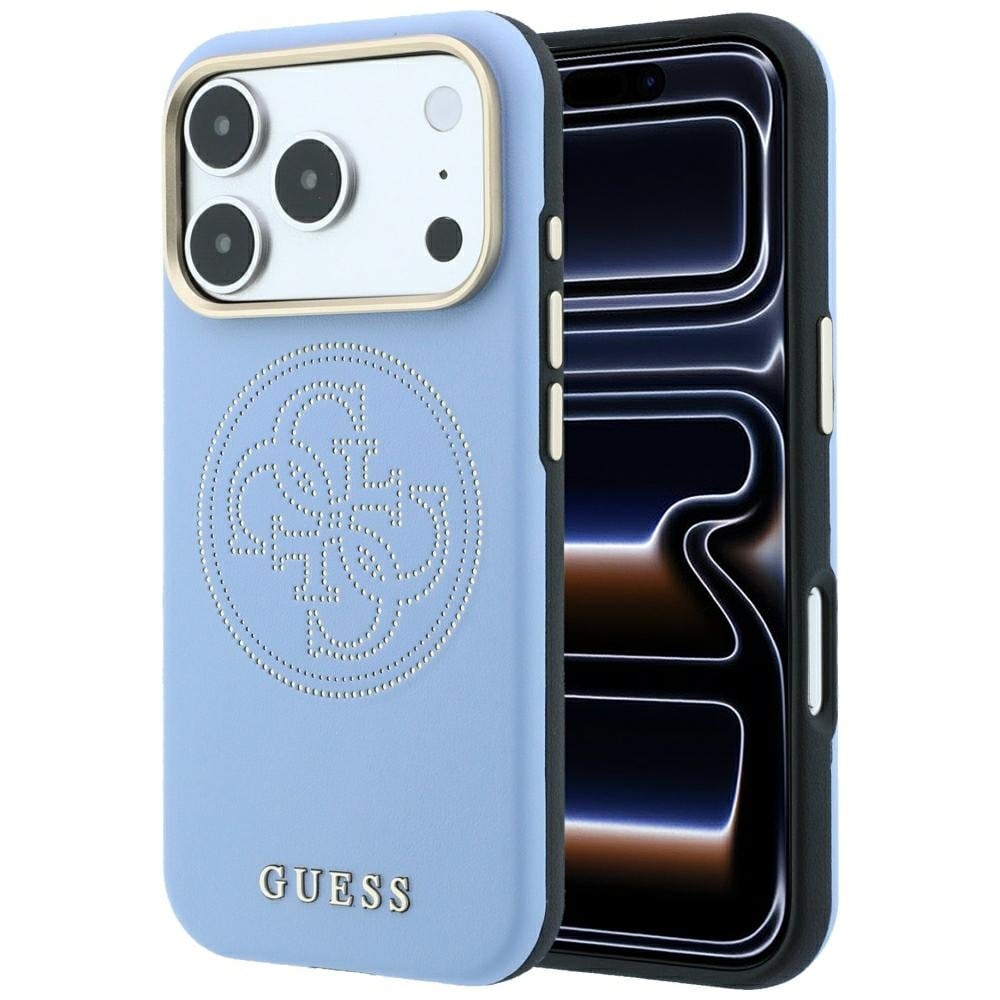 Guess perforerat 4G-fodral med guldlogotyp & MagSafe för iPhone 18 Pro/17 Pro – ljusblått