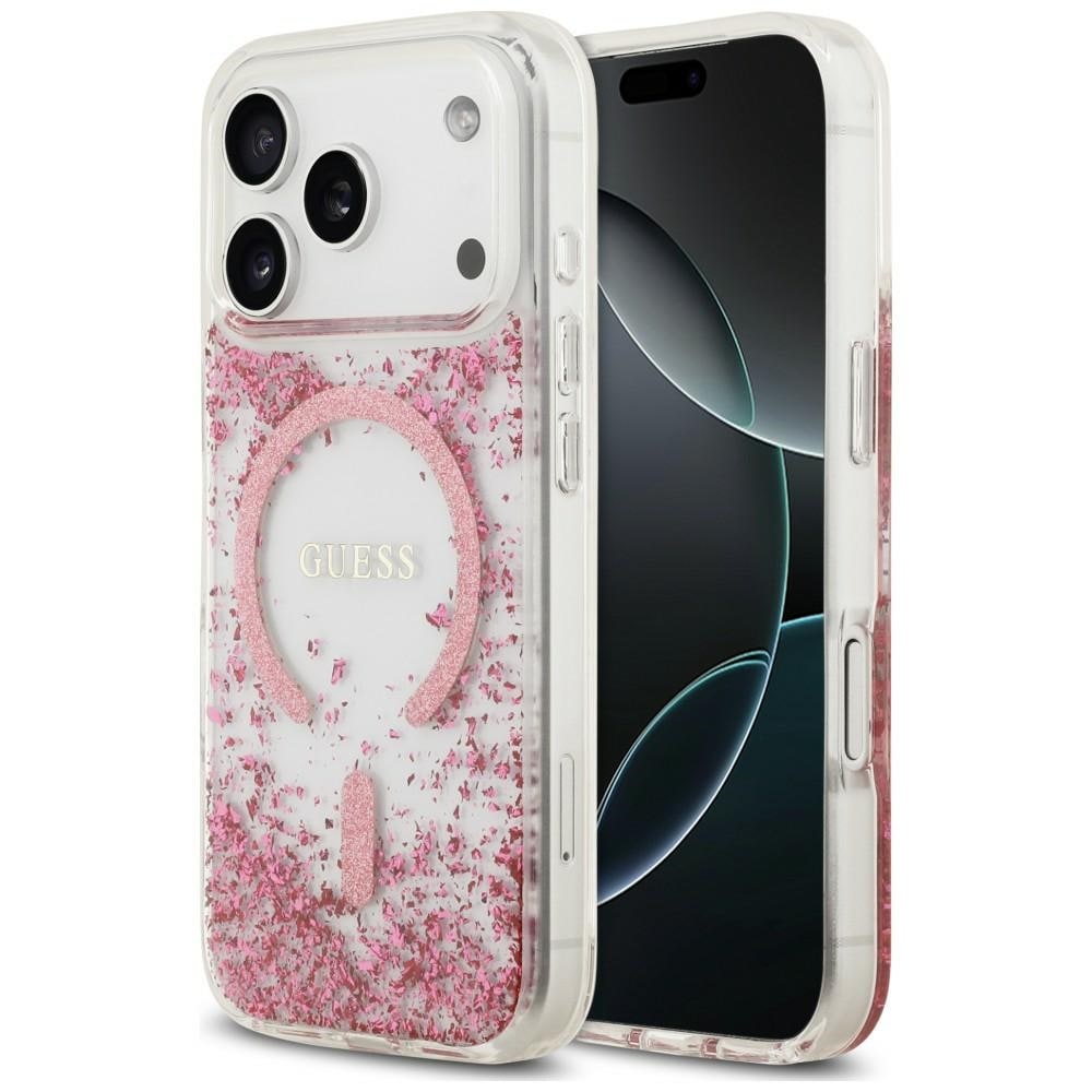 Guess MagSafe-fodral med glitter och botten i harts för iPhone 18 Pro / 17 Pro – Rosa