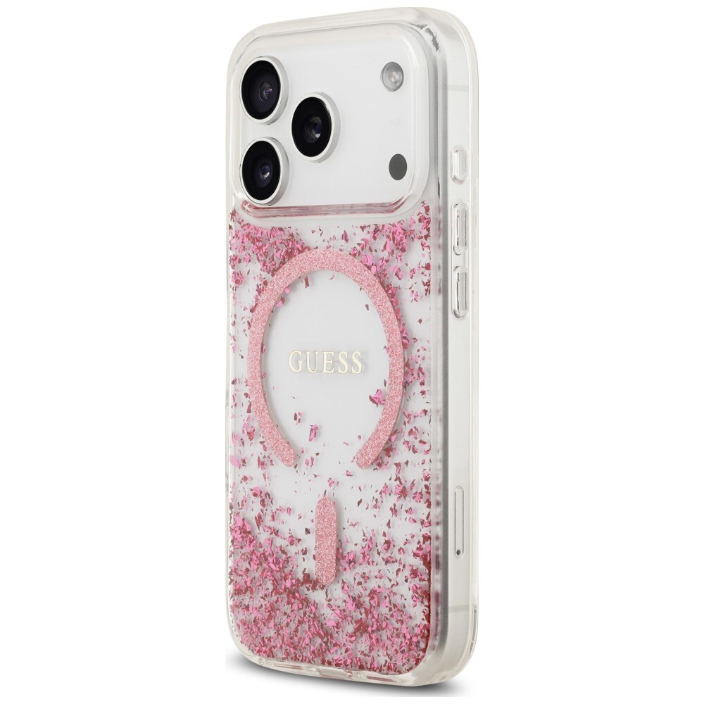 Guess MagSafe-fodral med glitter och botten i harts för iPhone 18 Pro / 17 Pro – Rosa
