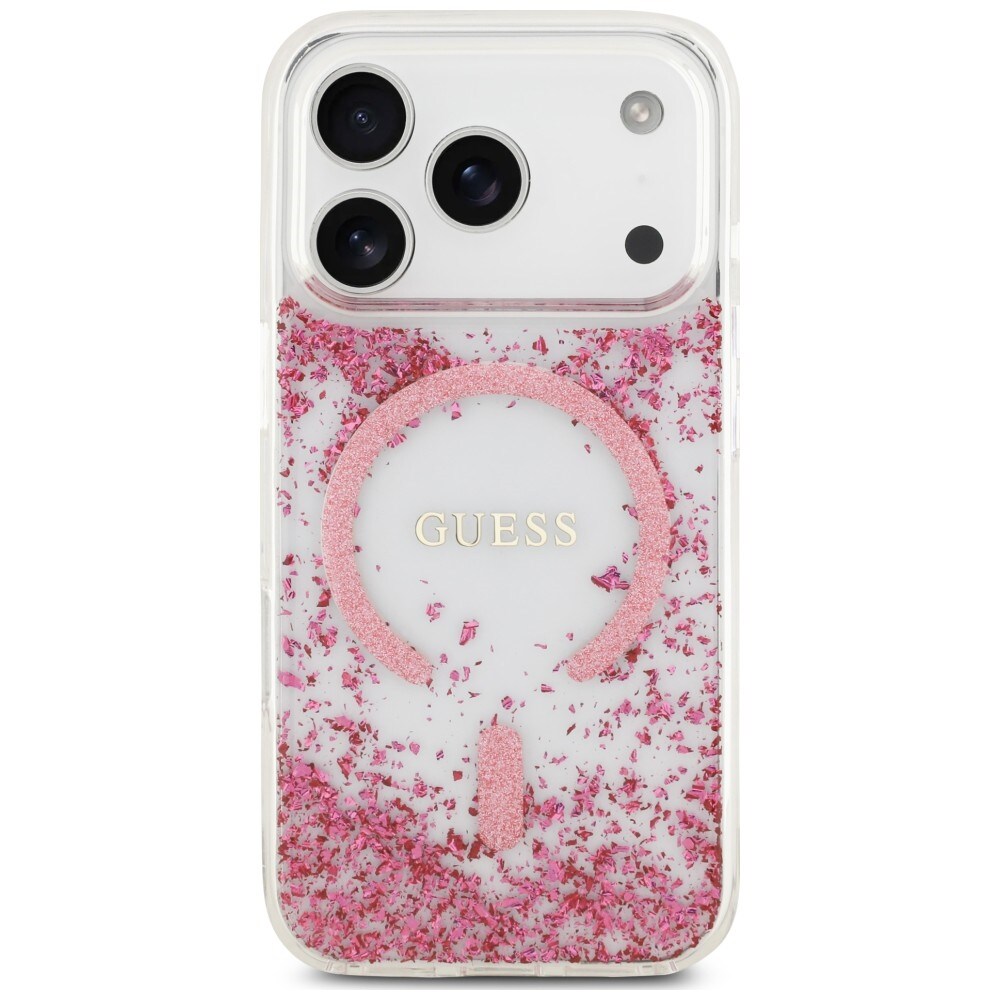 Guess MagSafe-fodral med glitter och botten i harts för iPhone 18 Pro / 17 Pro – Rosa