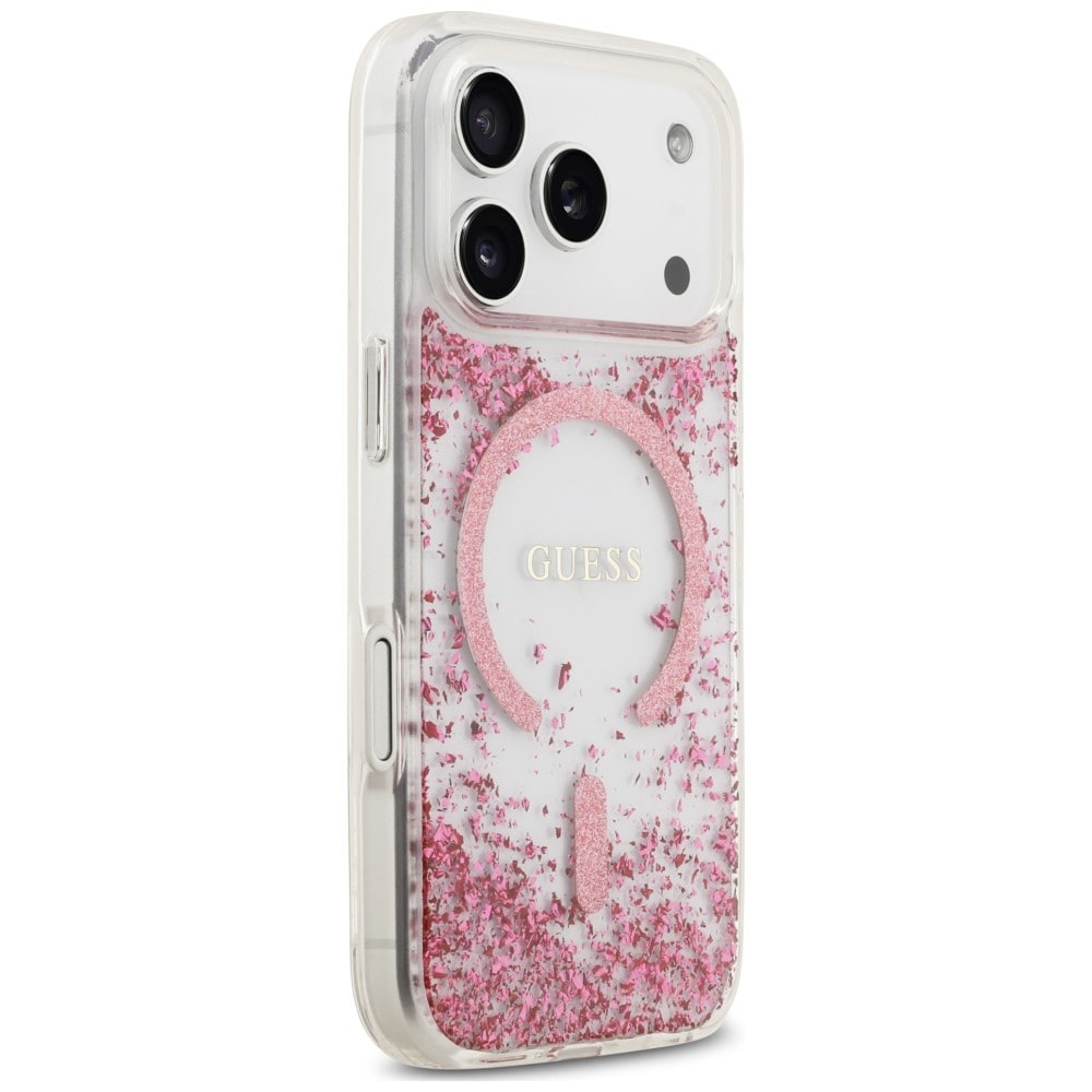 Guess MagSafe-fodral med glitter och botten i harts för iPhone 18 Pro / 17 Pro – Rosa