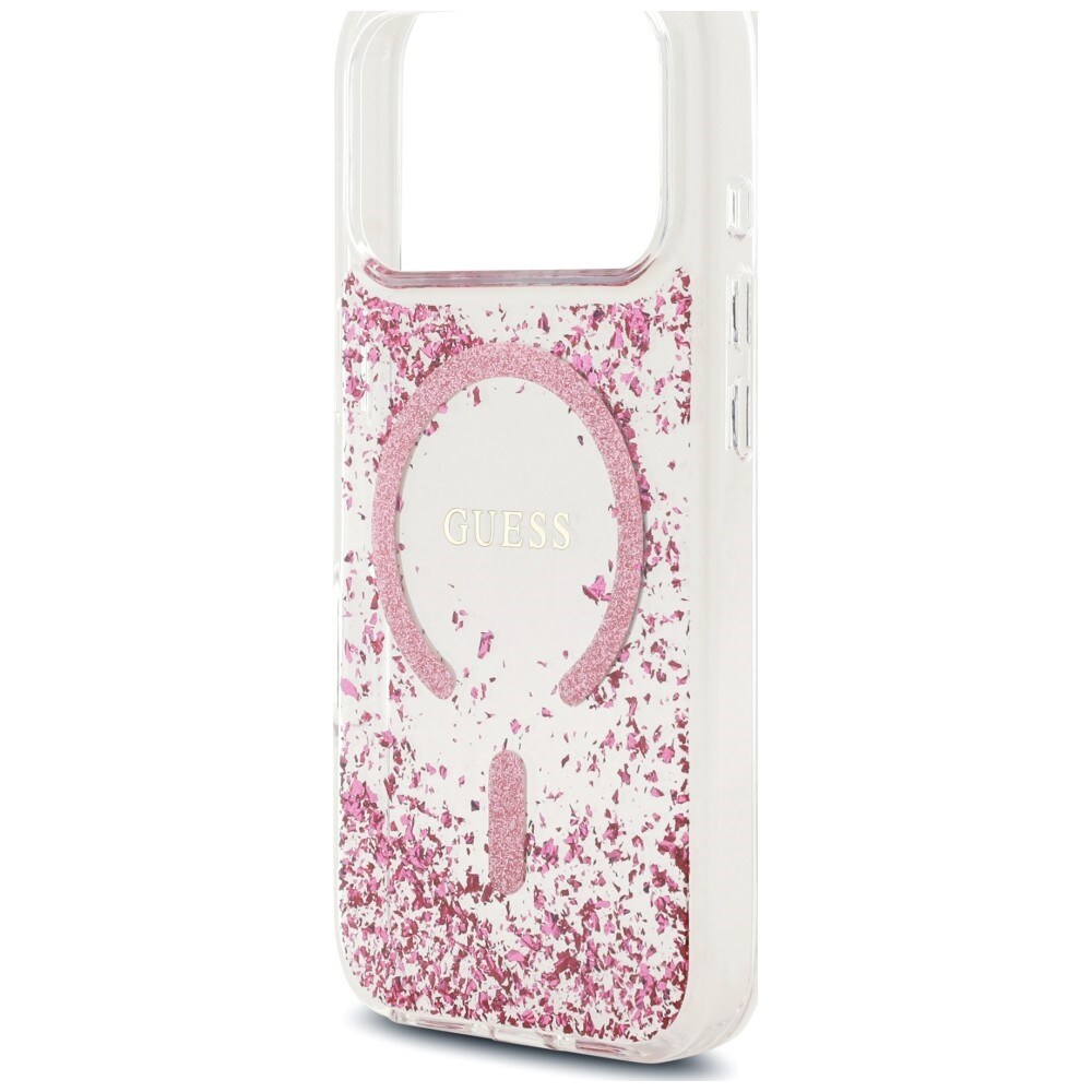 Guess MagSafe-fodral med glitter och botten i harts för iPhone 18 Pro / 17 Pro – Rosa