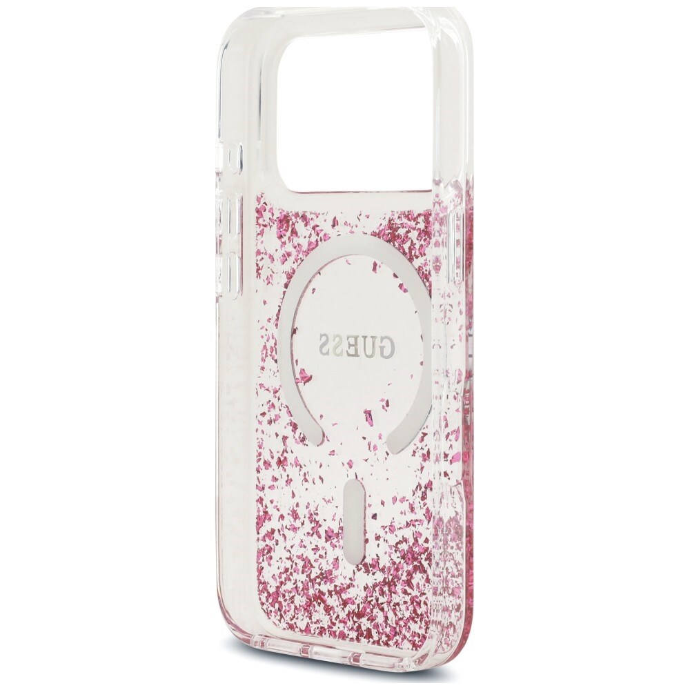 Guess MagSafe-fodral med glitter och botten i harts för iPhone 18 Pro / 17 Pro – Rosa
