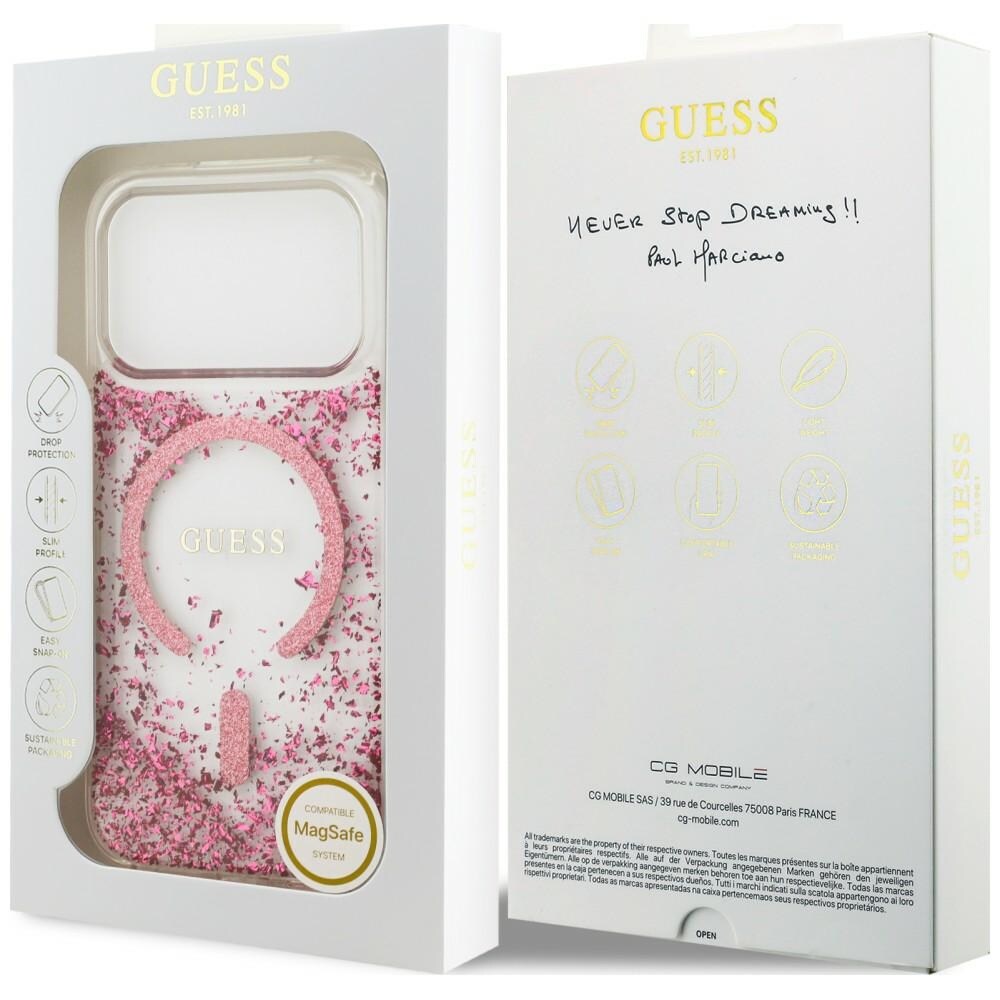 Guess MagSafe-fodral med glitter och botten i harts för iPhone 18 Pro / 17 Pro – Rosa