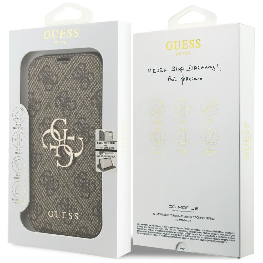 Guess Book 4G metallfodral med logotyp för iPhone 18 Pro / 17 Pro – Brunt