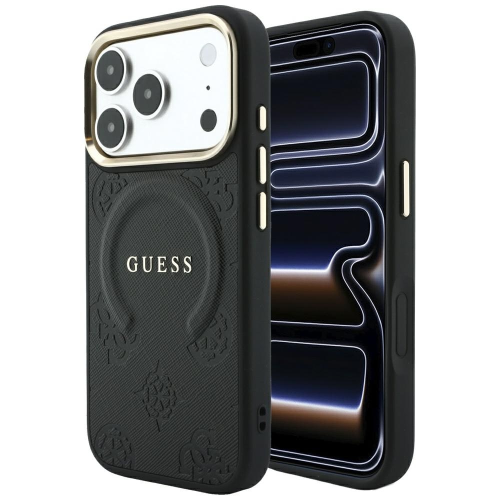Guess Saffiano Peony & Ring MagSafe-fodral för iPhone 17 Pro Max / 18 Pro Max – Svart