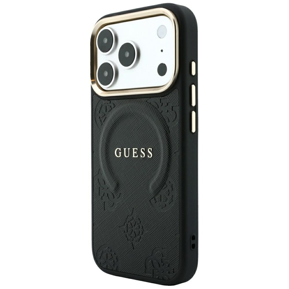 Guess Saffiano Peony & Ring MagSafe-fodral för iPhone 17 Pro Max / 18 Pro Max – Svart