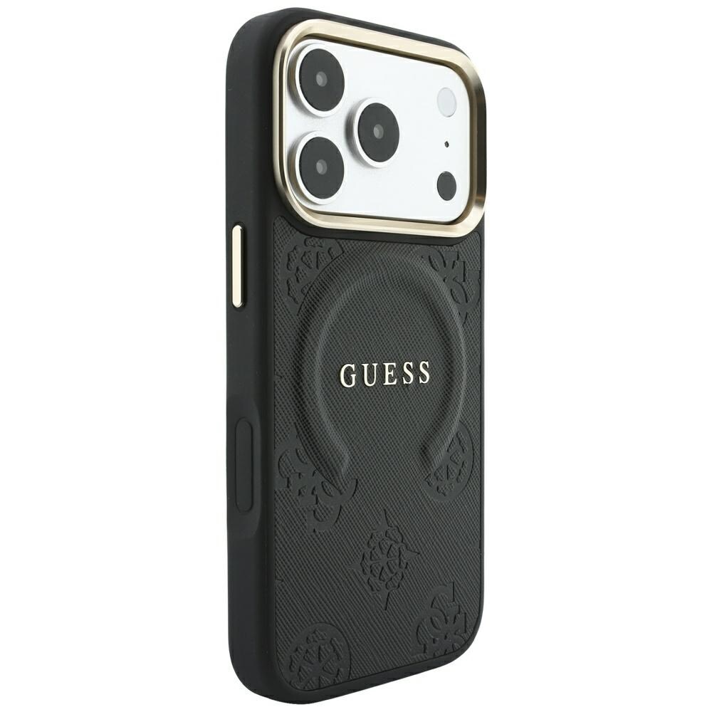 Guess Saffiano Peony & Ring MagSafe-fodral för iPhone 17 Pro Max / 18 Pro Max – Svart