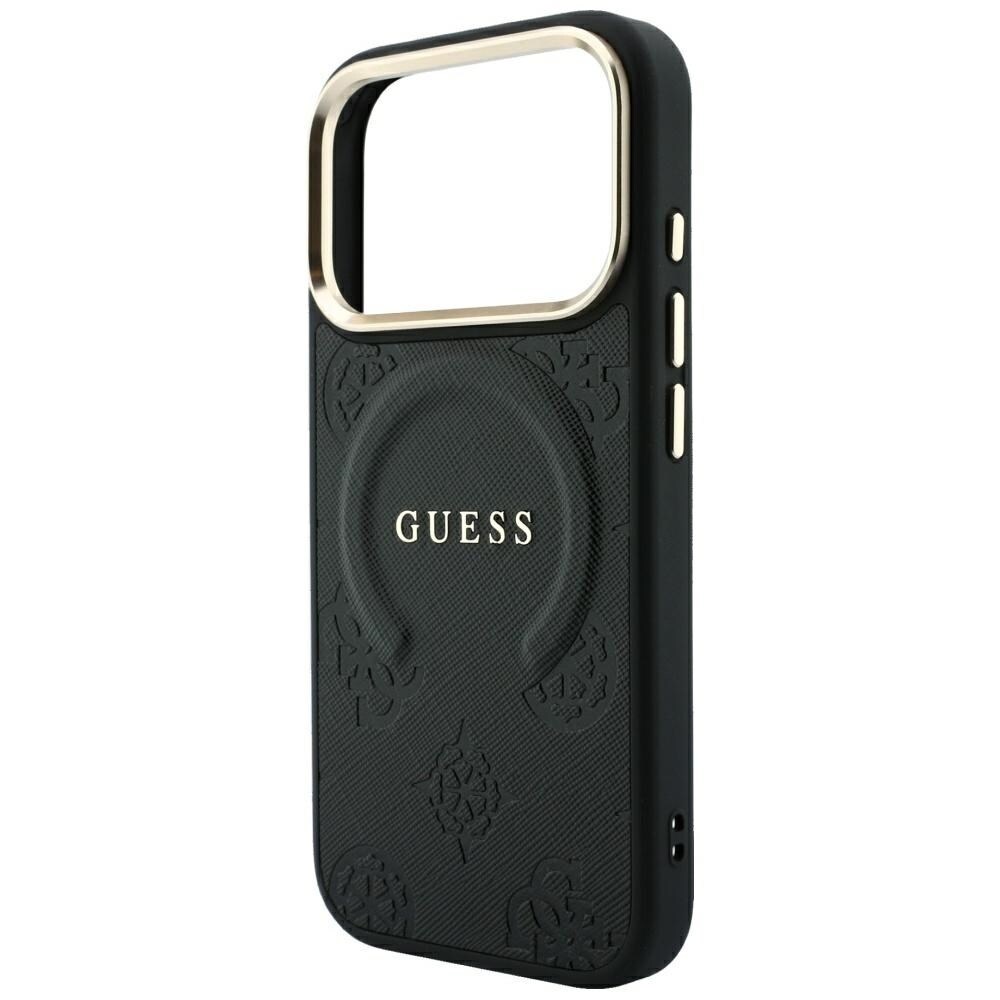 Guess Saffiano Peony & Ring MagSafe-fodral för iPhone 17 Pro Max / 18 Pro Max – Svart