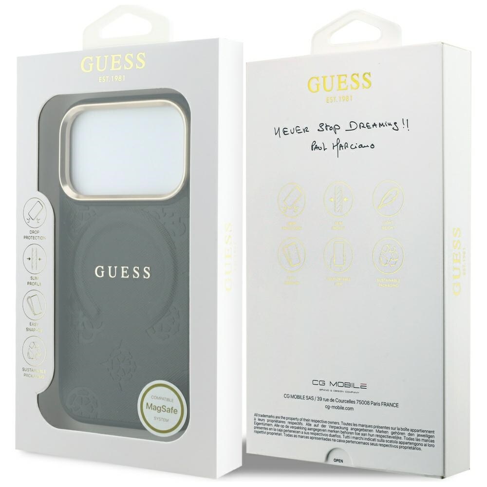 Guess Saffiano Peony & Ring MagSafe-fodral för iPhone 17 Pro Max / 18 Pro Max – Svart