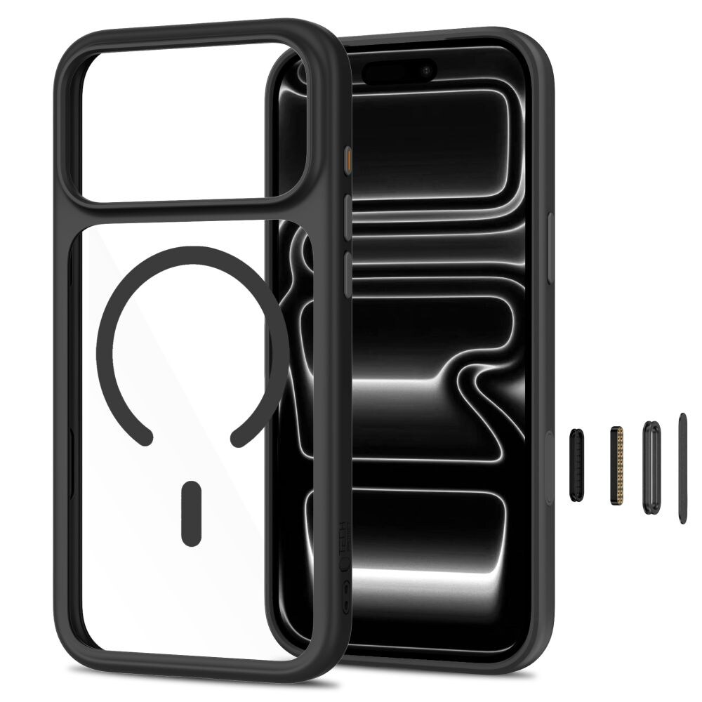 Tech-Protect MagOne CC MagSafe-etui + hærdet glas (2-pak) til iPhone 18 Pro / 17 Pro – Klar sort