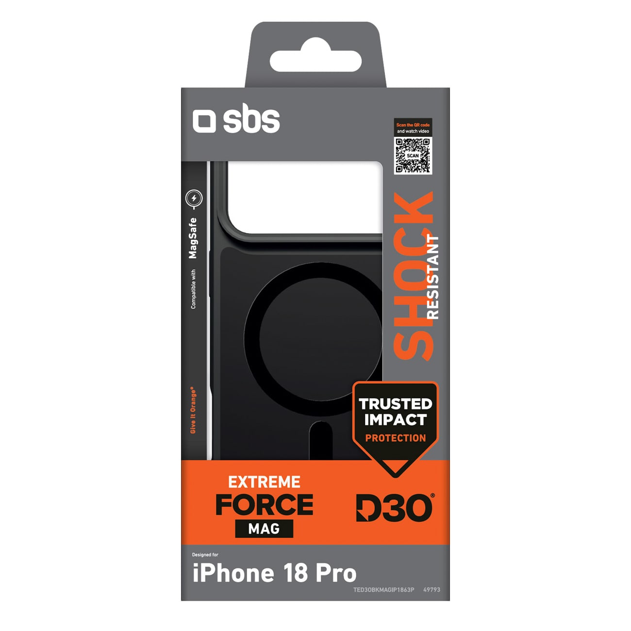 SBS D3O Force-etui til iPhone 18 Pro, kompatibelt med MagSafe – sort