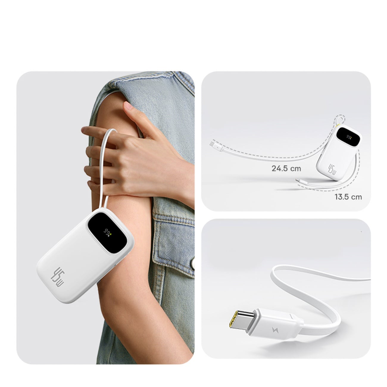 Baseus EnerFill FC31 QPow3 10 000 mAh 45 W powerbank m/display og 2 innebygde USB-C-kabler – hvit