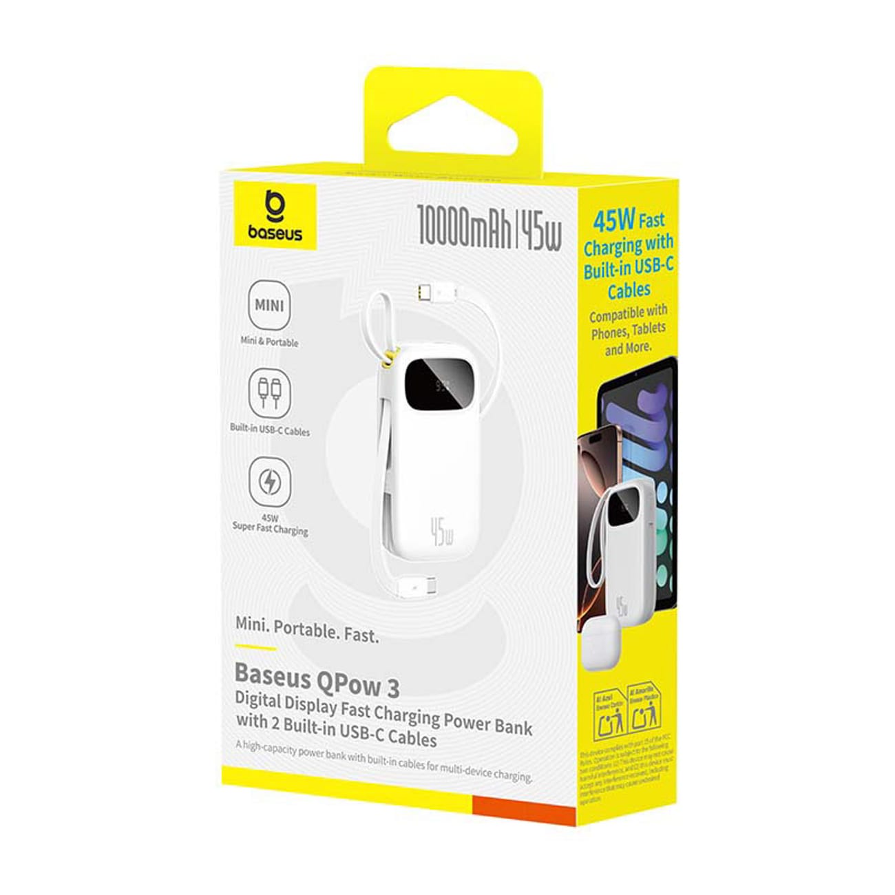 Baseus EnerFill FC31 QPow3 10 000 mAh 45 W powerbank m/display og 2 innebygde USB-C-kabler – hvit