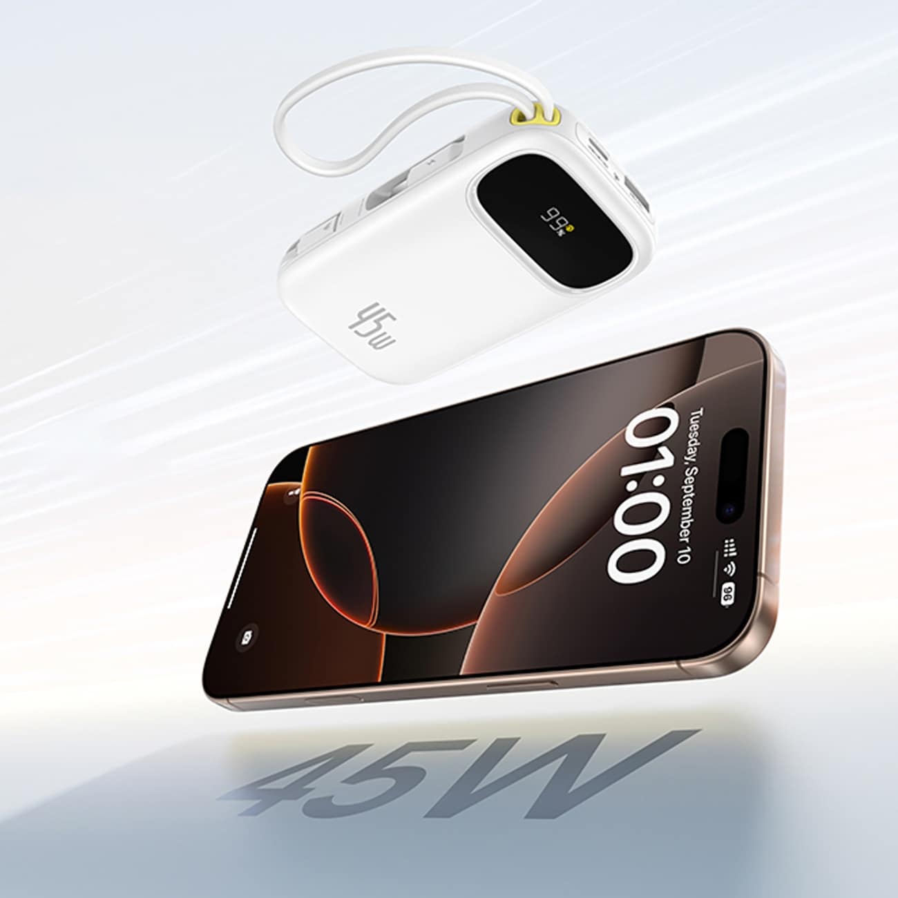 Baseus EnerFill FC31 QPow3 10 000 mAh 45 W powerbank m/display og 2 innebygde USB-C-kabler – hvit
