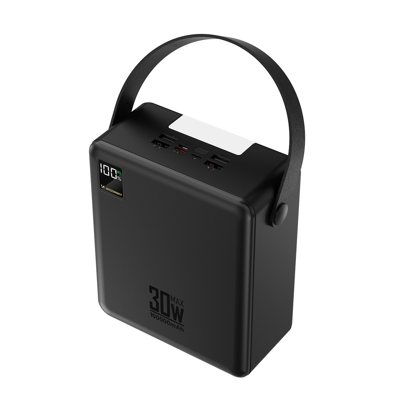 Wozinsky W8-B 100 000 mAh 30 W powerbank med 2 USB-A- och 2 USB-C-portar samt ficklampa – svart