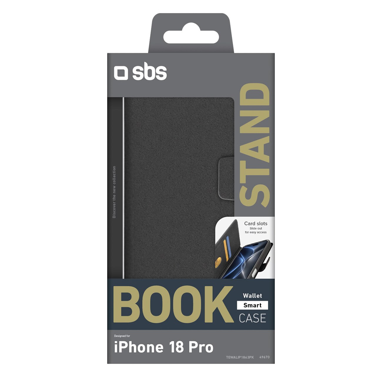 SBS Wallet Smart Case til iPhone 18 Pro med lommebog og stativ – sort