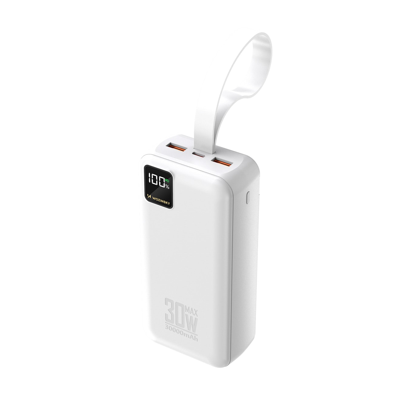 Wozinsky W8-W 30 000 mAh 30 W powerbank med 2 USB-A- och USB-C-portar samt ficklampa – vit