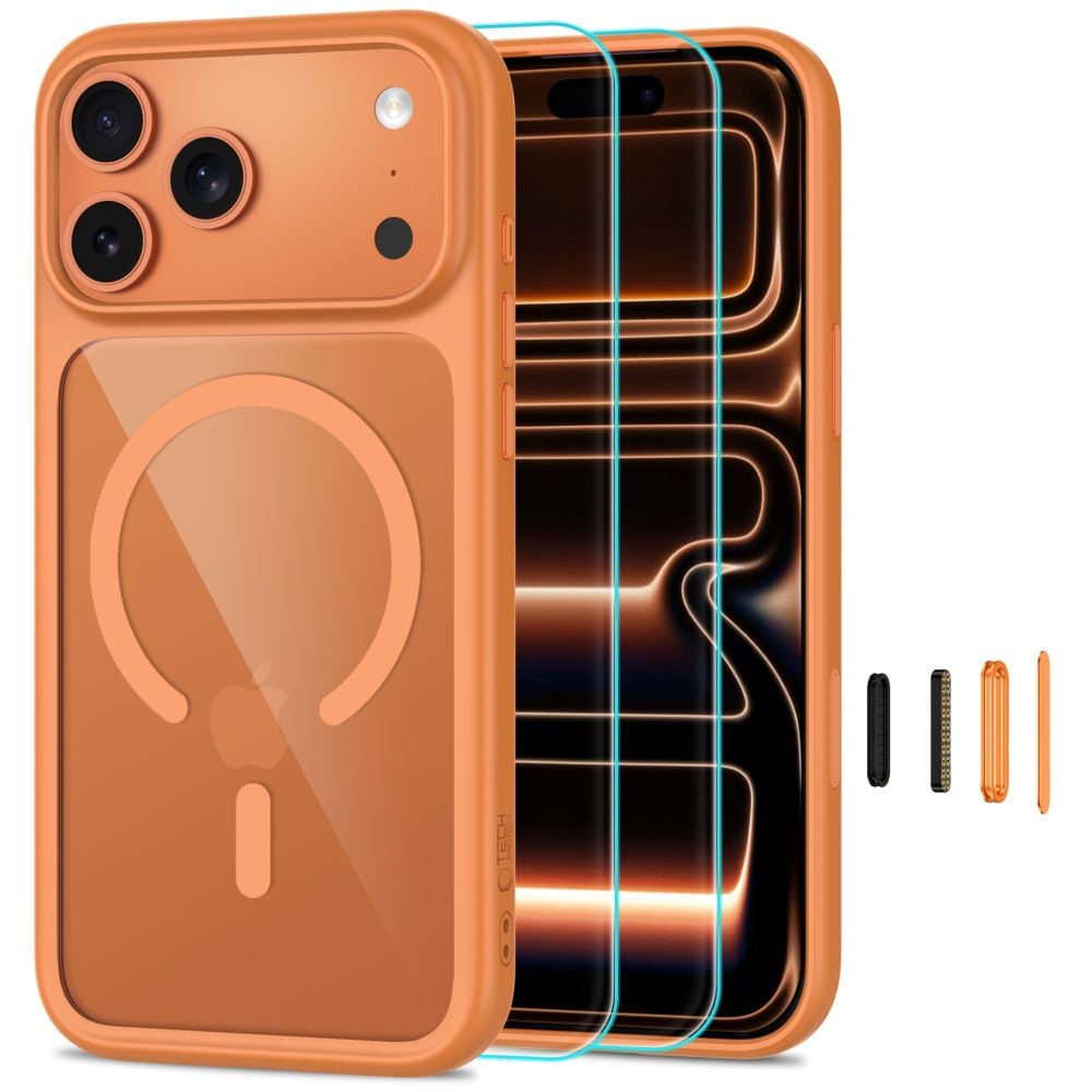 Tech-Protect MagOne CC MagSafe + skyddsglas, 2-pack, skal iPhone 18 Pro / 17 Pro – transp. orange