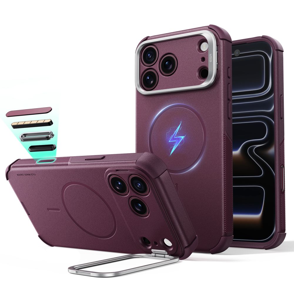 ESR Cyber ​​Tough-fodral med stöd och MagSafe-anslutning för iPhone 18 Pro / 17 Pro – vinröd