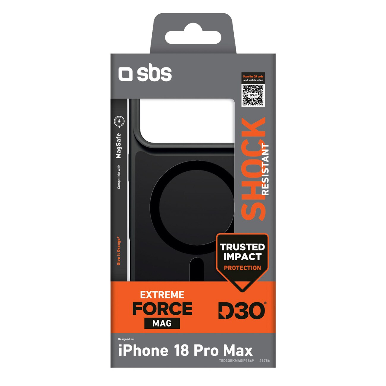 SBS D3O Force-etui til iPhone 18 Pro Max, kompatibelt med MagSafe – sort