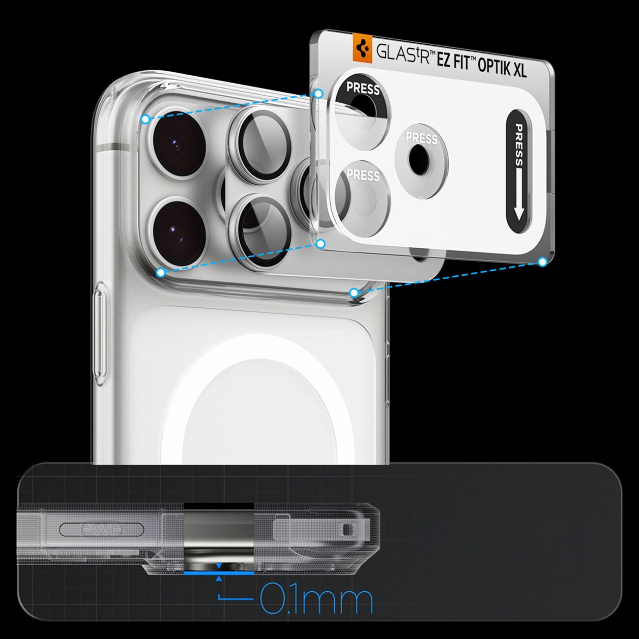 Spigen Optik Pro XL GLAS.TR EZ FIT hærdet glas til iPhone 18 Pro Max – Sølv