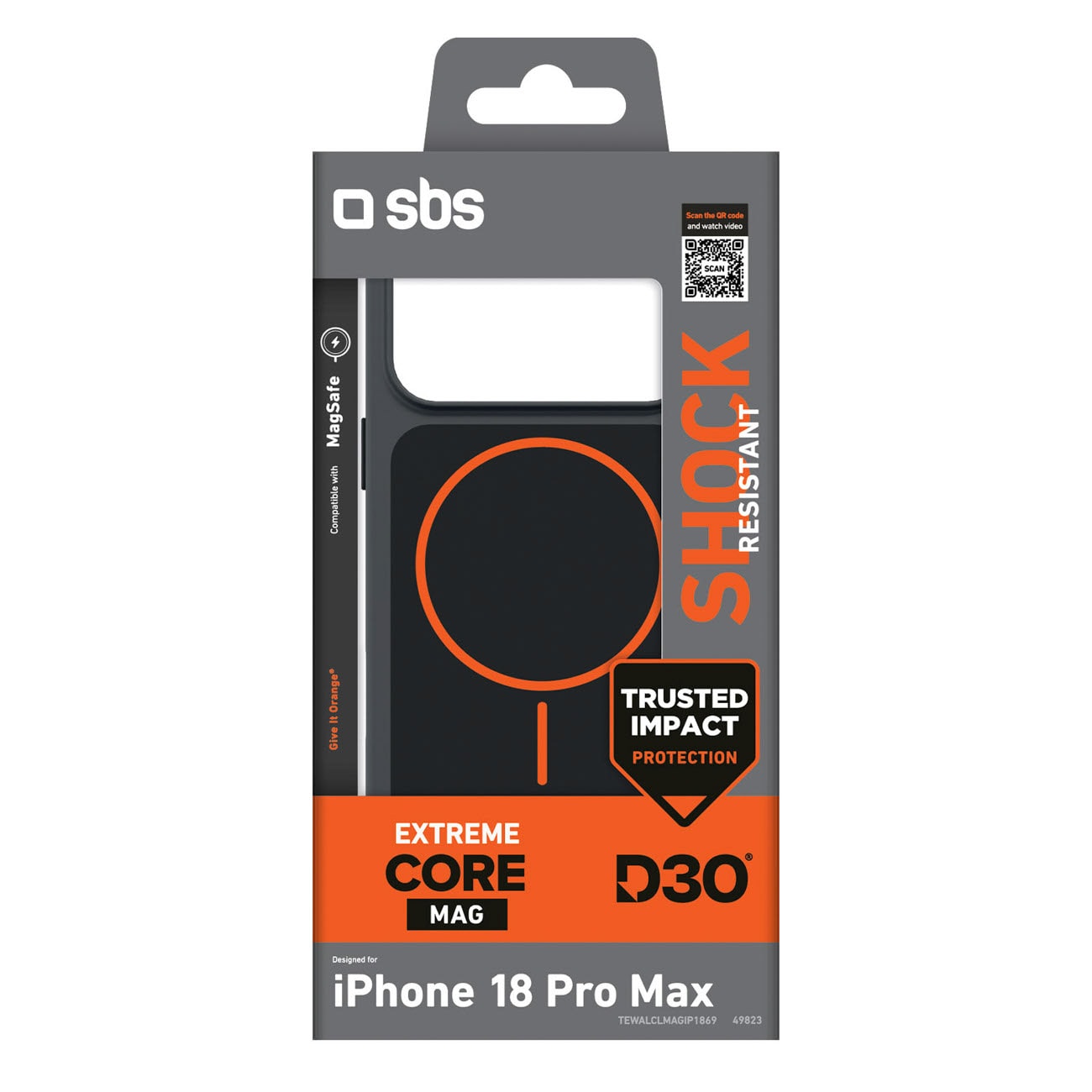 SBS D3O Core-etui til iPhone 18 Pro / 17 Pro, MagSafe-kompatibelt – sort og orange