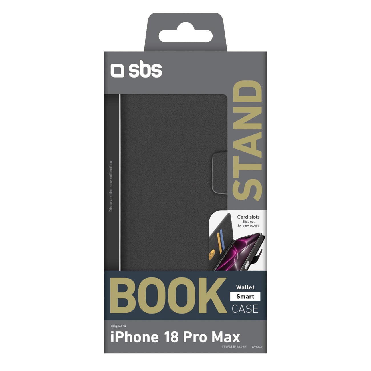 SBS Wallet Smart Case til iPhone 18 Pro Max med lommebog og stativ – sort