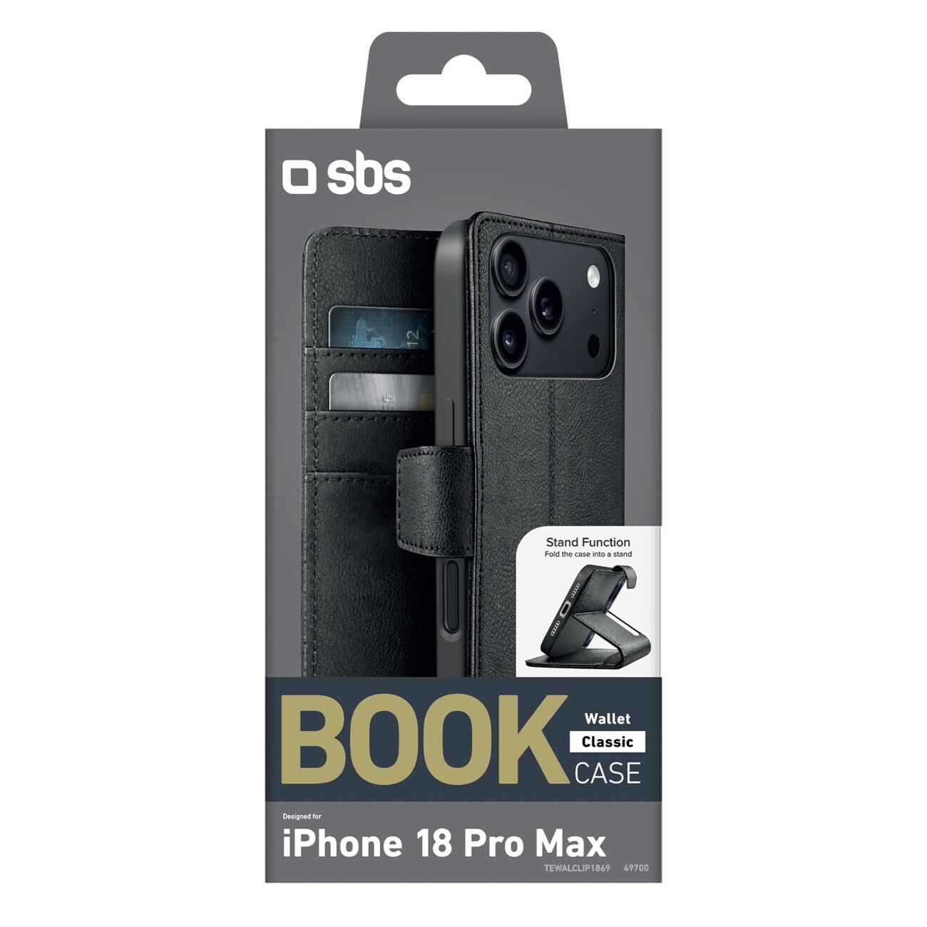 SBS Wallet Classic-etui til iPhone 18 Pro Max med lommebog og stativ – sort