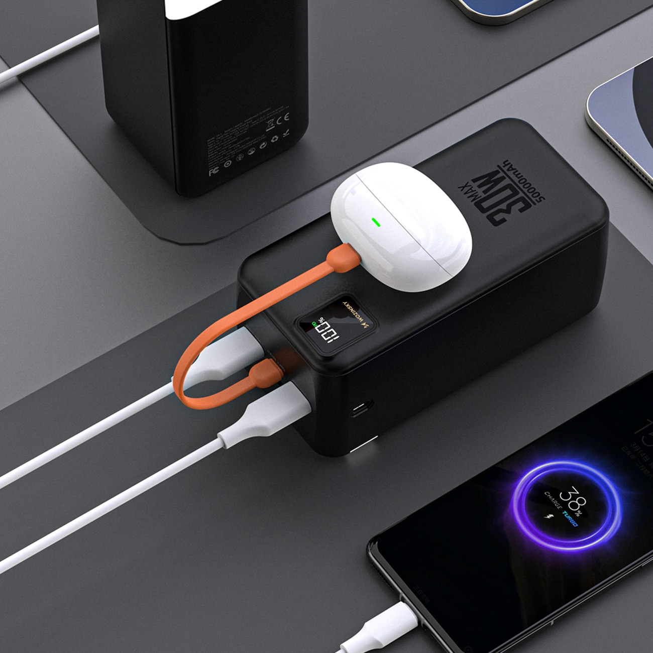 Powerbank Wozinsky W8-B 50 000 mAh, 30 W, 2 x USB-A, 2 x USB-C og USB-micro med lommelykt – svart