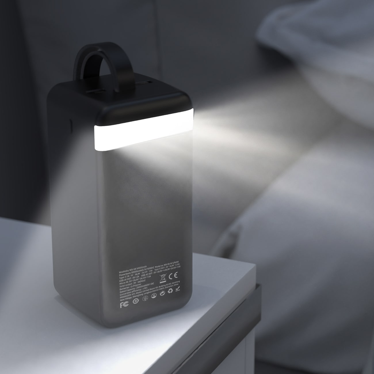 Powerbank Wozinsky W8-B 50 000 mAh, 30 W, 2 x USB-A, 2 x USB-C og USB-micro med lommelykt – svart