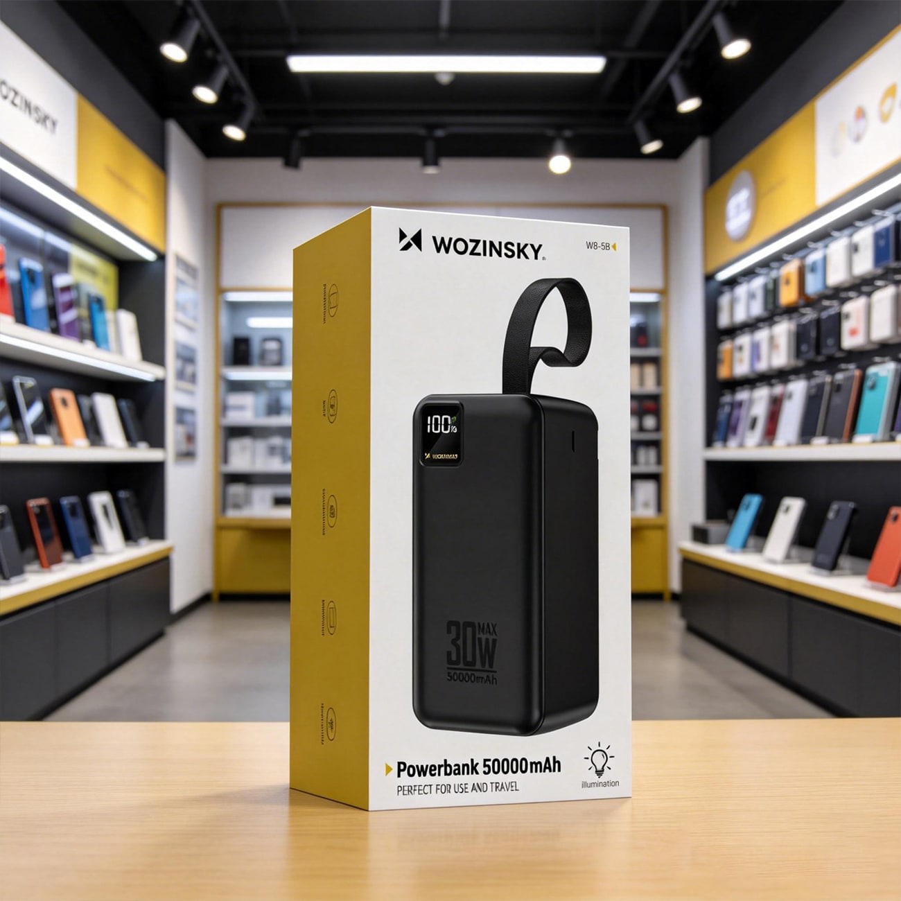 Powerbank Wozinsky W8-B 50 000 mAh, 30 W, 2 x USB-A, 2 x USB-C og USB-micro med lommelykt – svart
