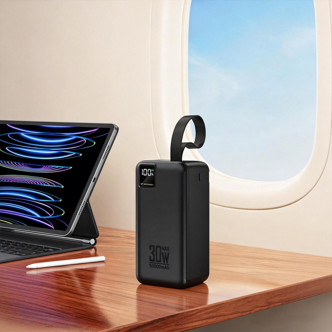 Powerbank Wozinsky W8-B 50 000 mAh, 30 W, 2 x USB-A, 2 x USB-C og USB-micro med lommelykt – svart