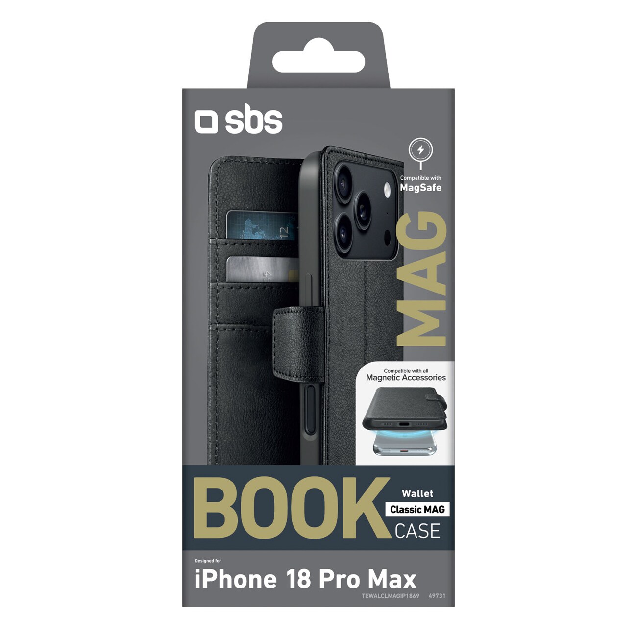 SBS Wallet Classic Mag-etui til iPhone 18 Pro Max med lommebog og stativ, MagSafe-kompatibelt – Sort