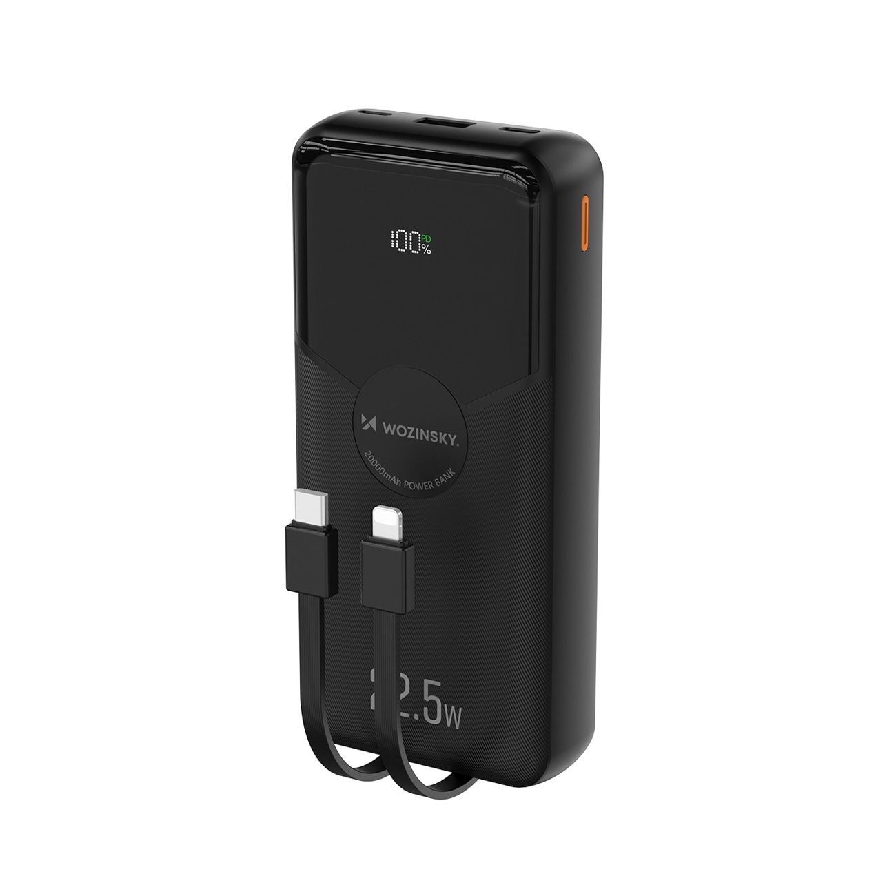 Wozinsky WFC-15B 20 000 mAh 22,5 W PD20W powerbank med inbyggda Lightning- och USB-C-kablar – svart