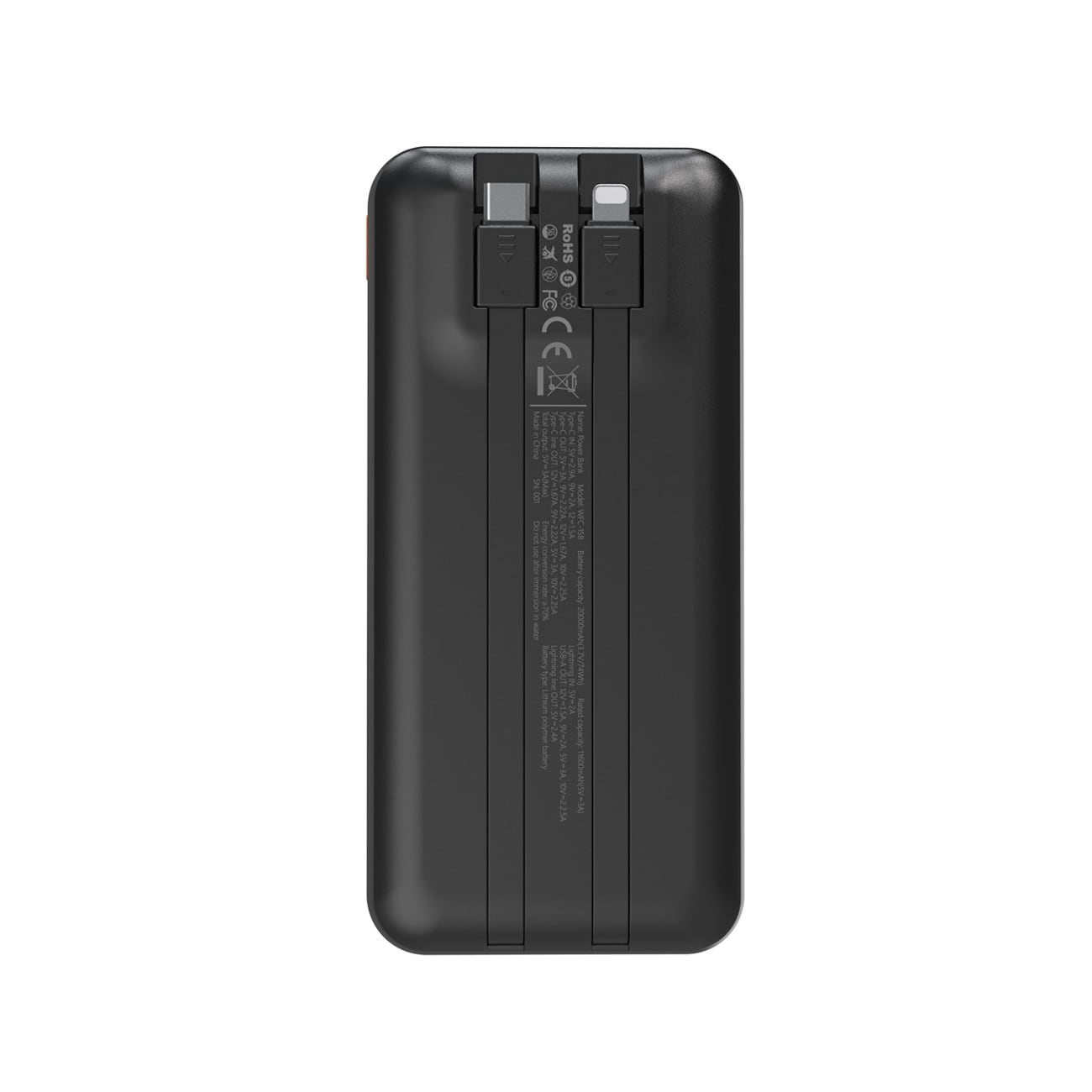 Wozinsky WFC-15B 20 000 mAh 22,5 W PD20W powerbank med innebygde Lightning- og USB-C-kabler – svart