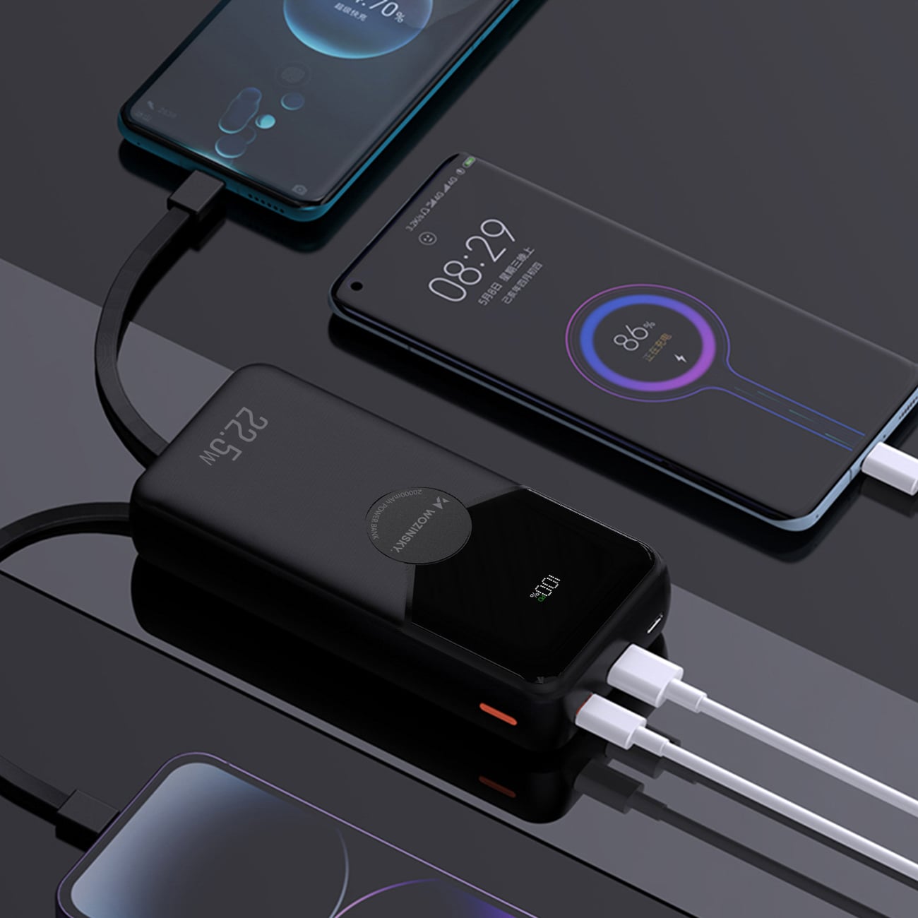 Wozinsky WFC-15B 20 000 mAh 22,5 W PD20W powerbank med innebygde Lightning- og USB-C-kabler – svart