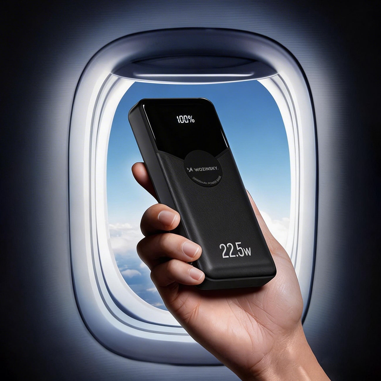 Wozinsky WFC-15B 20 000 mAh 22,5 W PD20W powerbank med innebygde Lightning- og USB-C-kabler – svart