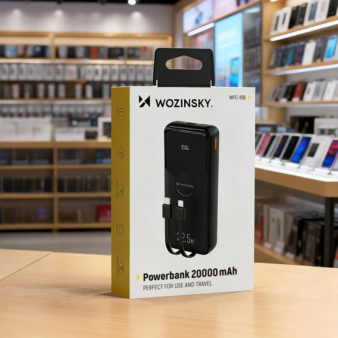 Wozinsky WFC-15B 20 000 mAh 22,5 W PD20W powerbank med innebygde Lightning- og USB-C-kabler – svart