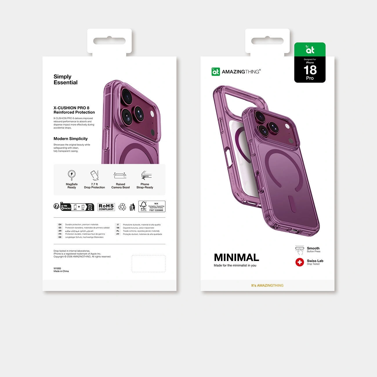 AmazingThing Minimal Mag Drop Proof-etui m. 3 linser til iPhone 18 Pro, snorfæste, MagSafe – Lilla