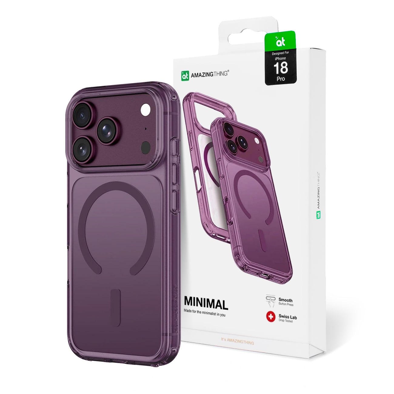 AmazingThing Minimal Mag Drop Proof-etui m. 3 linser til iPhone 18 Pro, snorfæste, MagSafe – Lilla