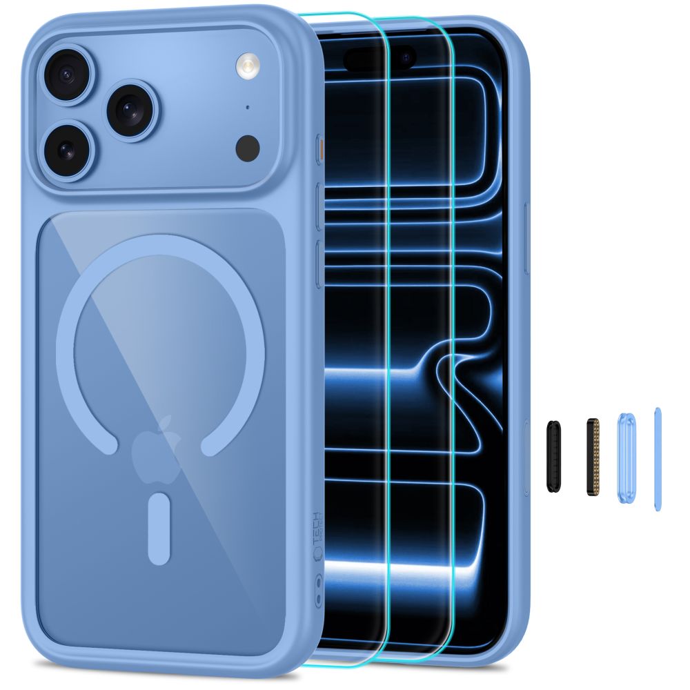 Tech-Protect MagOne CC MagSafe-fodral + härdat glas, 2-pack för iPhone 18/17 Pro Max – Clear Blue