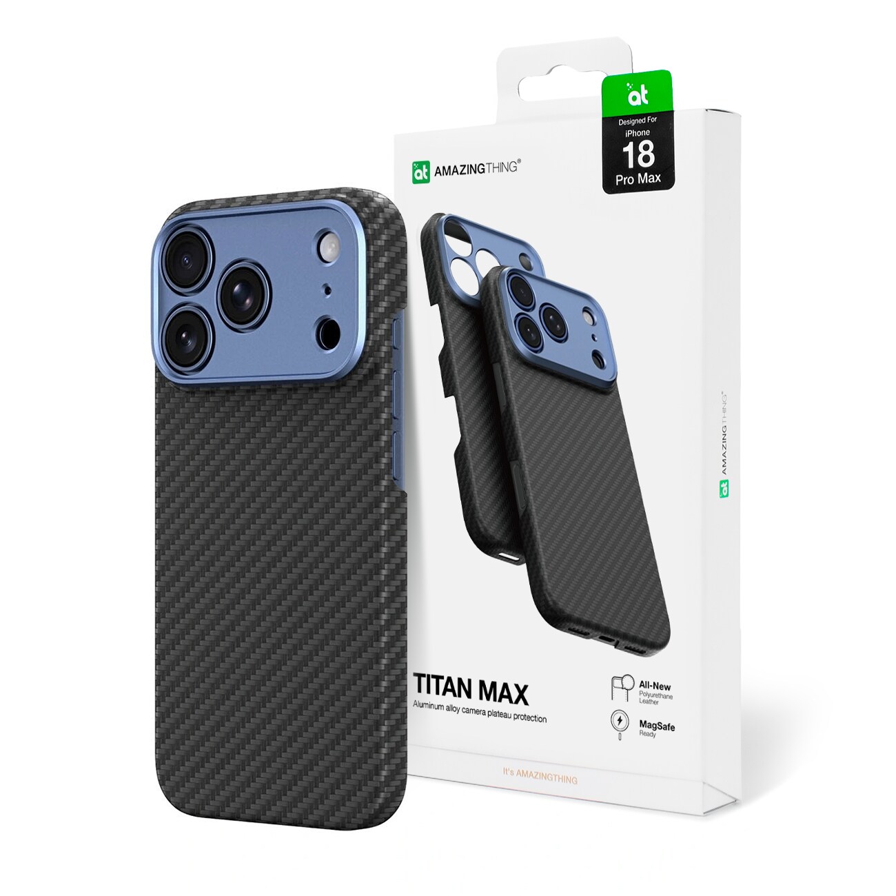 AmazingThing Titan Max-objektivetui til iPhone 18 Pro Max, aramidfiber, kameradæksel, MagSafe – blå