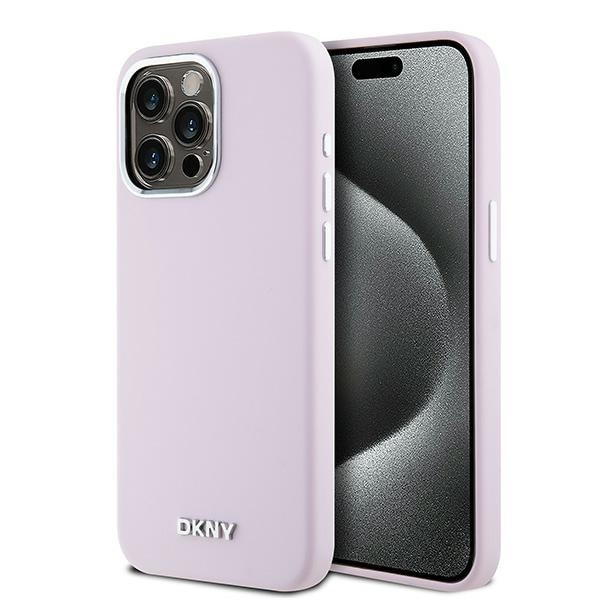 DKNY MagSafe-fodral i flytande silikon med liten metalllogotyp för iPhone 15 Pro Max – Rosa