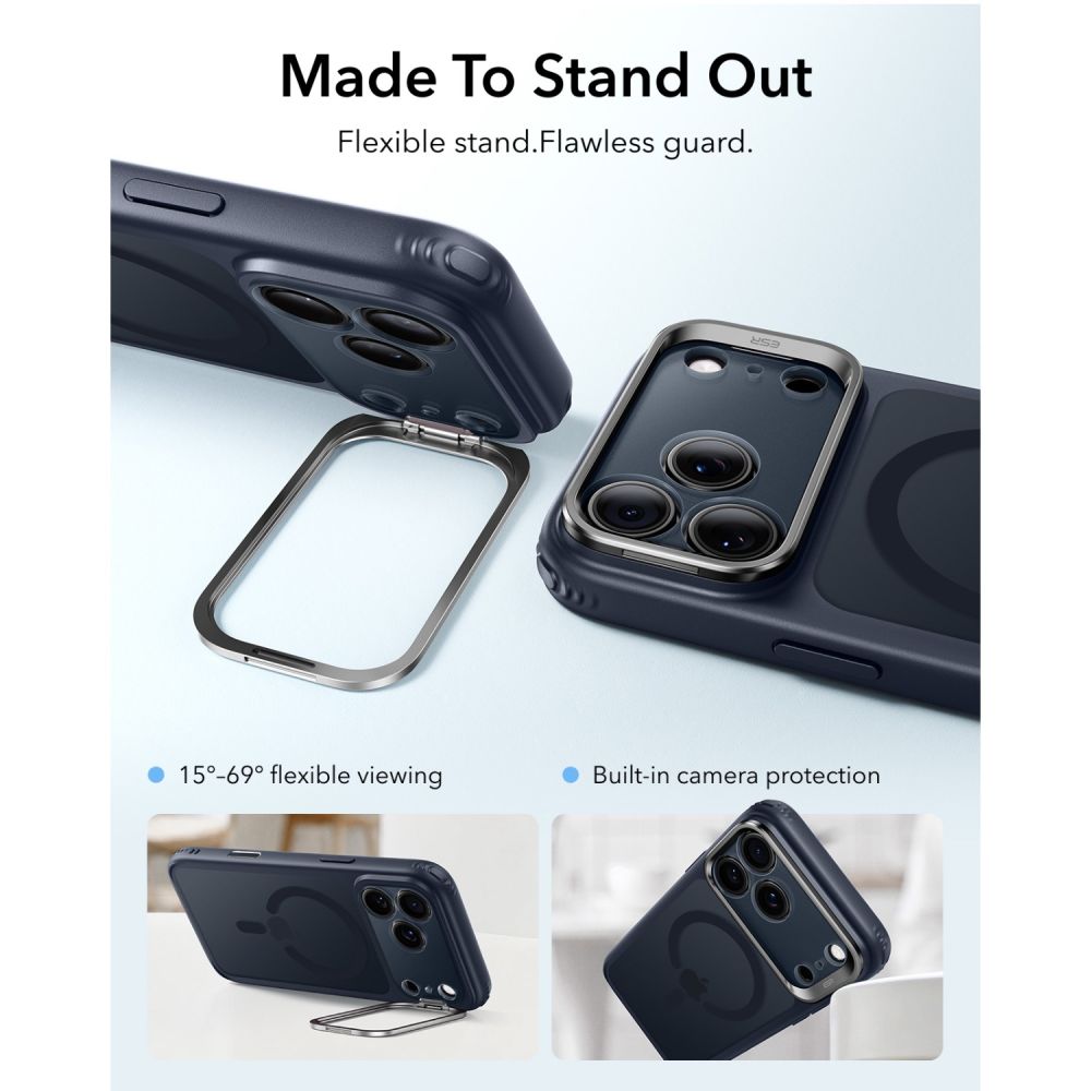 ESR Classic Hybrid-etui med støttefod og MagSafe til iPhone 18 Pro / 17 Pro – marineblå